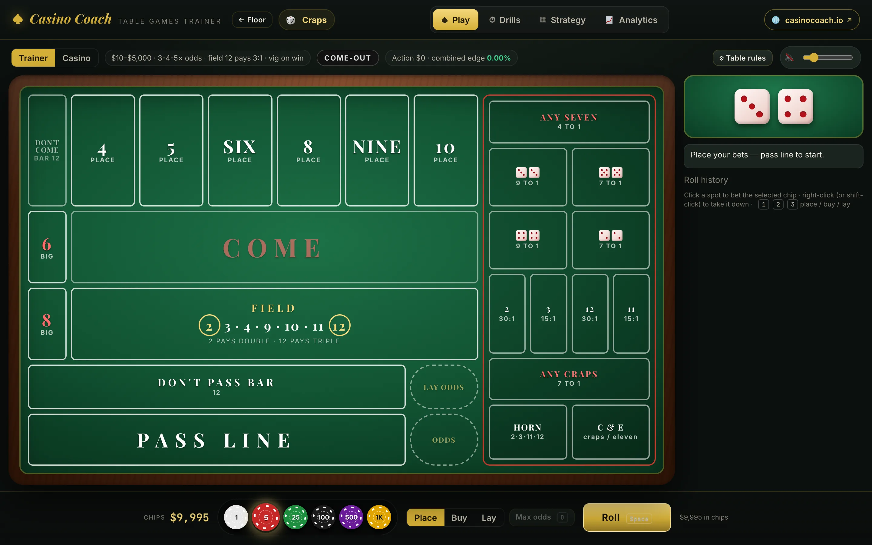 Full craps layout with pass line, come, field, place numbers and proposition bets.