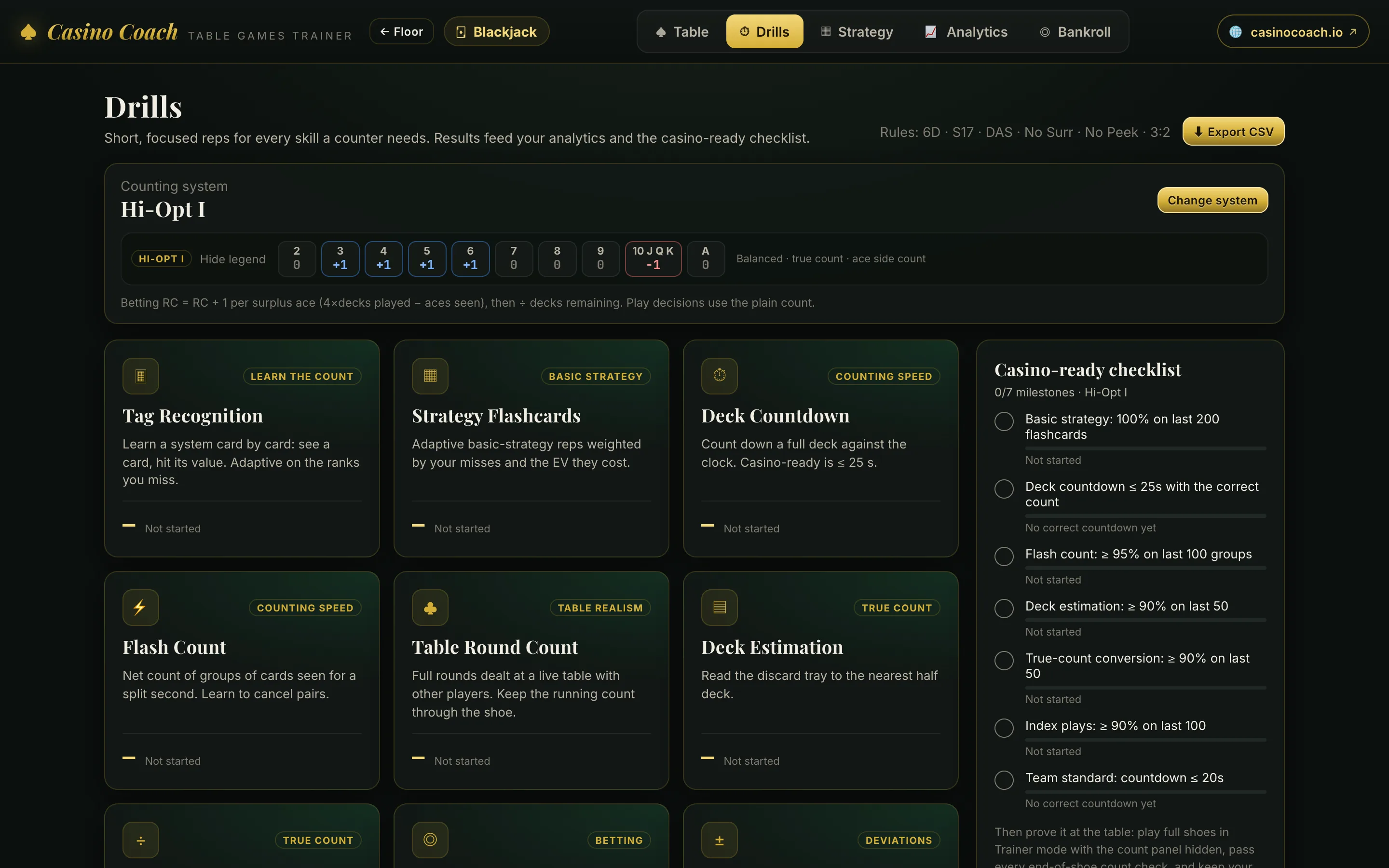 Blackjack drills hub with tag recognition, strategy flashcards, deck countdown and a casino-ready checklist.